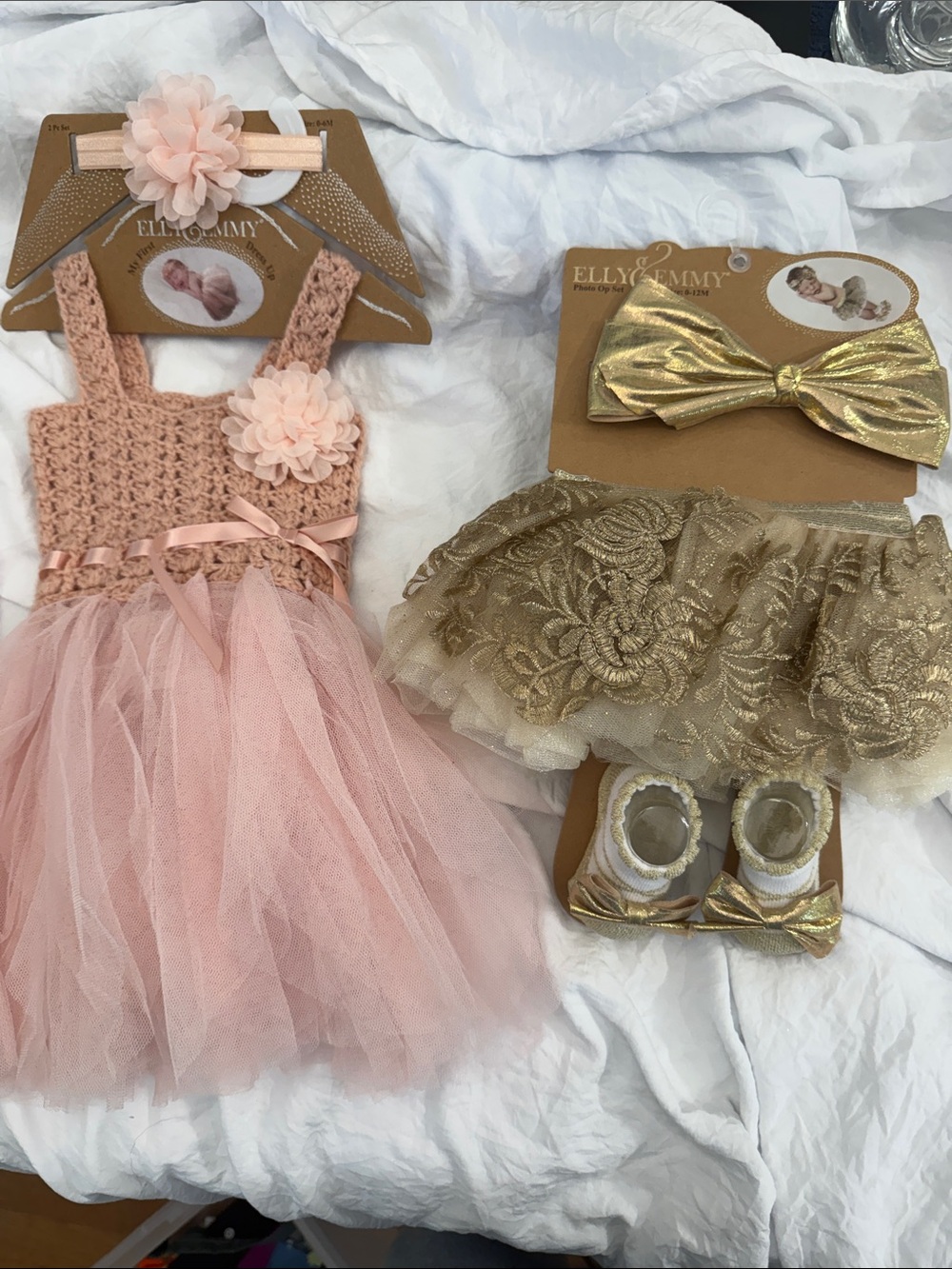 Elly & Emmy Gold Lace Tutu Set with Metallic Bow Accents & pink crochet 0-12 mon